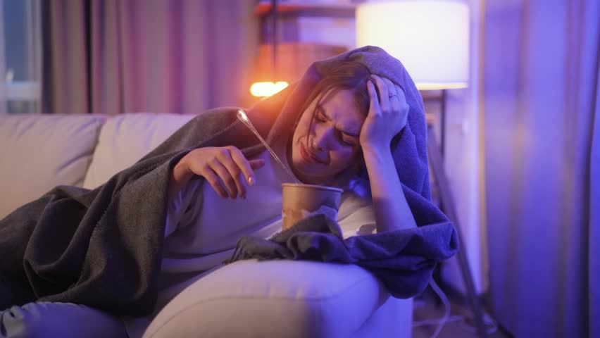 Portrait of sad young woman dealing with stress by eating food sitting on couch at home Upset brunette female wrapped in blanket crying and eating ice cream indoors at late night Mental heath problem Royalty-Free Stock Footage #1110947441