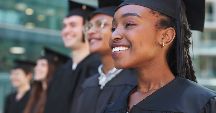 Face, university or happy graduates in ceremony or gowns standing in a line outside on campus. Diversity, degree or proud students with smile for motivation, college achievement or education success Royalty-Free Stock Footage #1110947699