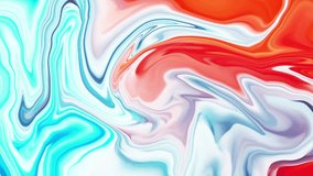 Fluid art drawing video, abstract acrylic texture with colorful waves. Liquid paint mixing backdrop with splash and swirl. Detailed background motion with red and turquoise overflowing colors.
