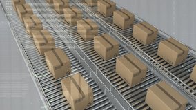 Animation of statistical data processing over boxes on conveyer belt against grey background. Global networking and logistics business technology concept - Powered by Shutterstock - Get 15% off with code: PIKWIZARD15