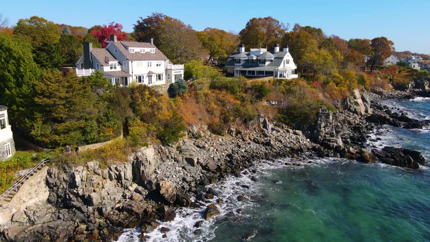 Historic waterfront building aerial view in fall on York Harbor Beach in village of York Harbor, town of York, Maine ME, USA. 