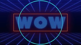 Animation of abstract circular shapes over wow text banner on grid network against blue background. Video game and entertainment technology concept - Powered by Shutterstock - Get 15% off with code: PIKWIZARD15