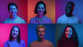 Multi Screen of Happy Portraits of Men and Women Looking at Camera and Smiling in Neon Colors of Studio Filter. Caucasian and Black People Together in Multiscreen Collection. Trendy Style of UV Lights - Powered by Shutterstock - Get 15% off with code: PIKWIZARD15