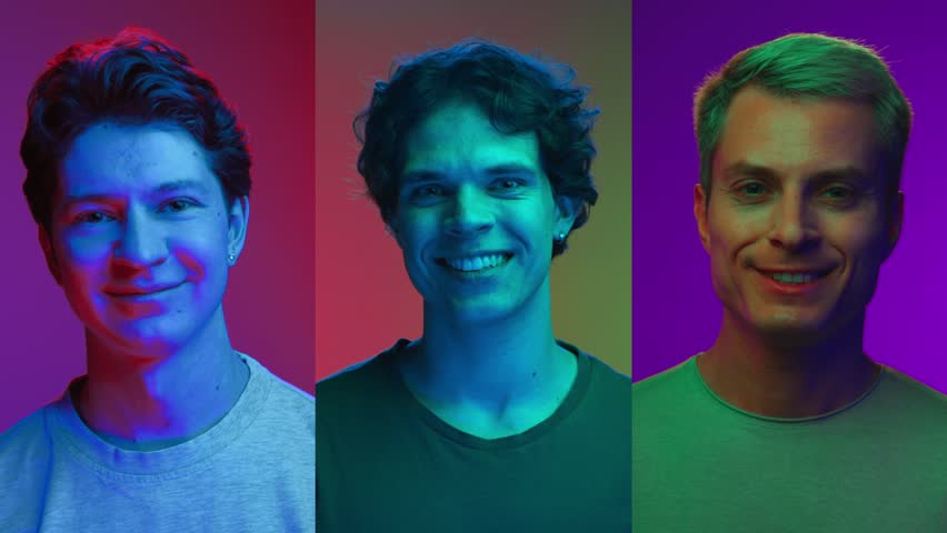 Multi Screen of Happy Portraits of Three Men Looking at Camera and Smiling in Neon Colors of Studio Filter. Caucasian People Together in Multiscreen Collection. Fashion Style with Multicolor UV Lights