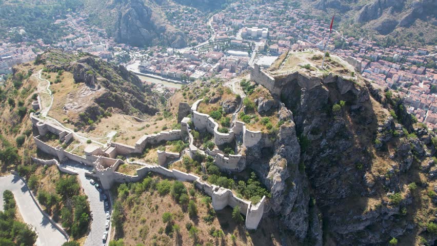 Aerial view of Amasya castle in Turkey.4K Footage in Turkey