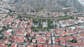 Aerial view of Bayezid mosque in Amasya. 4K footage in Turkey