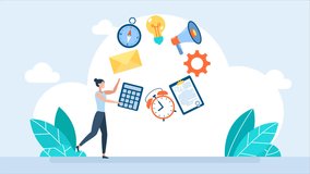 Businesswoman juggler planning time work. Management concept. Business and finances. A woman juggling with office equipment. Office worker juggles mail, documents, time, and money. 2d flat animation	 - Powered by Shutterstock - Get 15% off with code: PIKWIZARD15