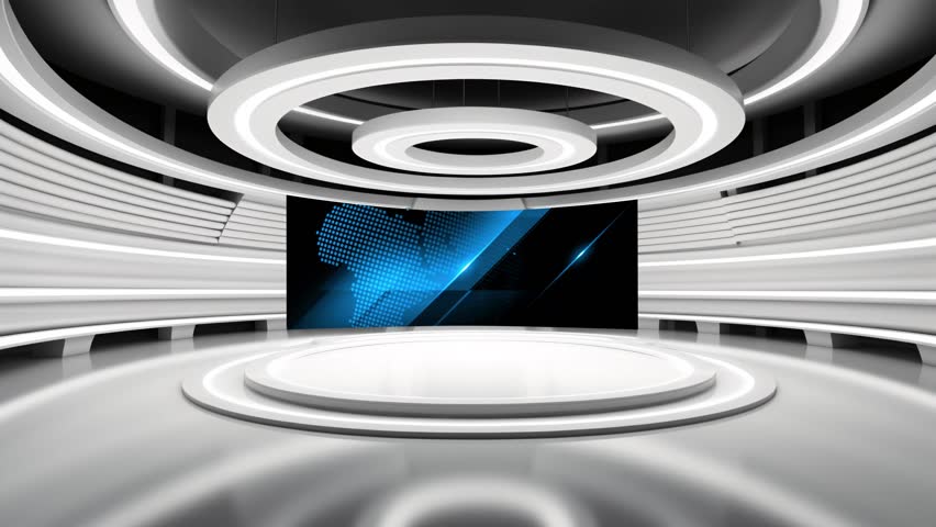 Tv studio. News room. Studio Background. Newsroom bakground. Backdrop for any green screen or chroma key video production. Loop. 3D rendering.
