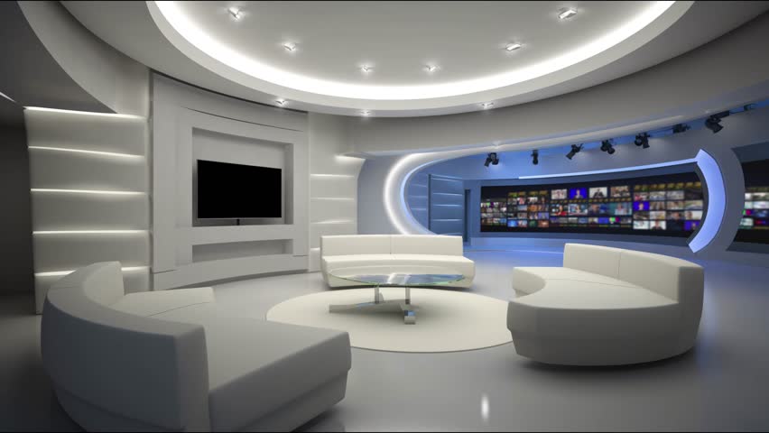 Tv studio. News room. Studio Background. Newsroom bakground. Backdrop for any green screen or chroma key video production. Loop. 3D rendering.
