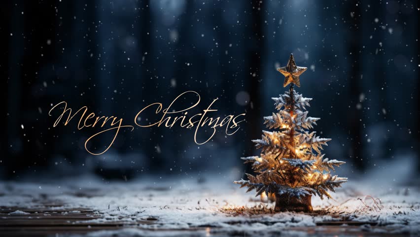 Merry Christmas reveal. Christmas tree in the winter forest. Beautiful winter landscape with Christmas tree. Winter scene with christmas greetings. Royalty-Free Stock Footage #1110963727