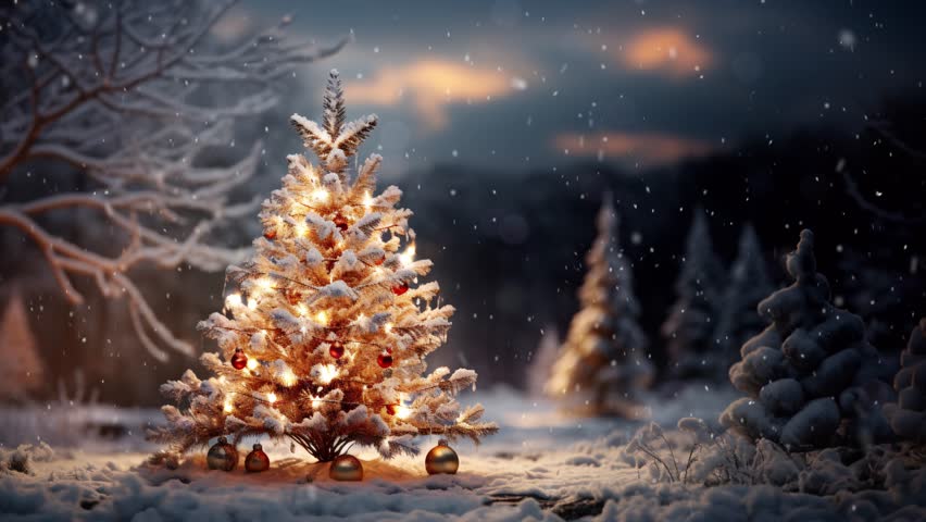 Merry Christmas reveal. Christmas tree in the winter forest. Beautiful winter landscape with Christmas tree. Winter scene with christmas greetings. Royalty-Free Stock Footage #1110963735