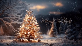 Merry Christmas reveal. Christmas tree in the winter forest. Beautiful winter landscape with Christmas tree. Winter scene with christmas greetings. - Powered by Shutterstock - Get 15% off with code: PIKWIZARD15