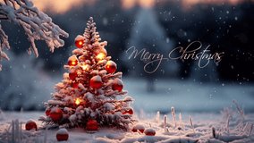 Merry Christmas reveal. Christmas tree in the winter forest. Beautiful winter landscape with Christmas tree. Winter scene with christmas greetings. - Powered by Shutterstock - Get 15% off with code: PIKWIZARD15