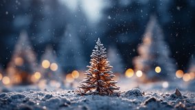 Christmas tree in the winter forest. Beautiful winter landscape with Christmas tree. Christmas scene with copy space. Snowfall. Loop