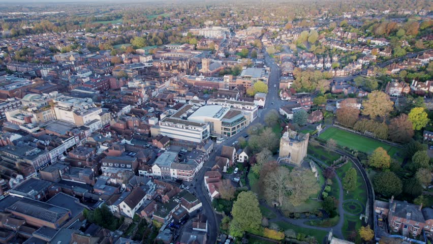 Amazing aerial view of the town center of Guildford, United Kingdom