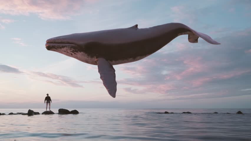 A young woman stands on a rock, watching a giant humpback whale floating in the air above her. Spirituality, surreal imagination, hallucination, abstract concept. | Shutterstock HD Video #1110974151