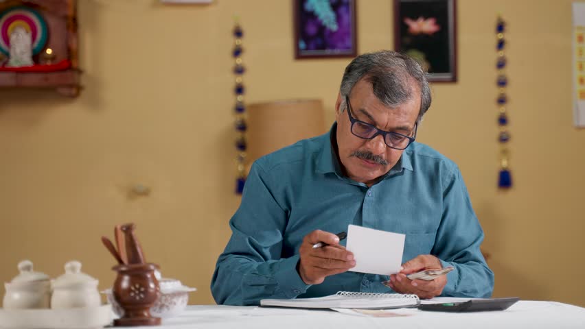 Indian senior man with eye glasses splitting monthly bills by calculating at home - concept of budget planning, retirement lifestyles and financial responsibility or spending Royalty-Free Stock Footage #1110976109