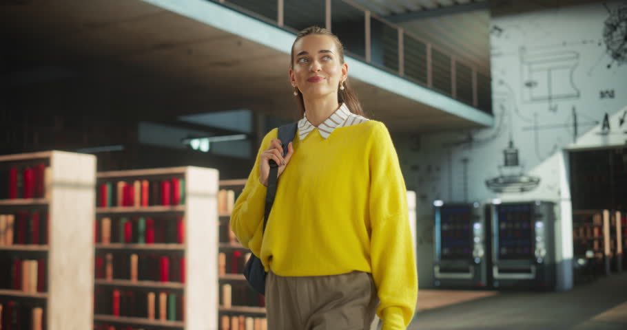 Beautiful Caucasian Female Student Walking in an Empty Public Library with Bookshelves. Young Smart Woman Carrying a Backpack with Textbooks to Prepare and Study for Exams. Low Angle Portrait