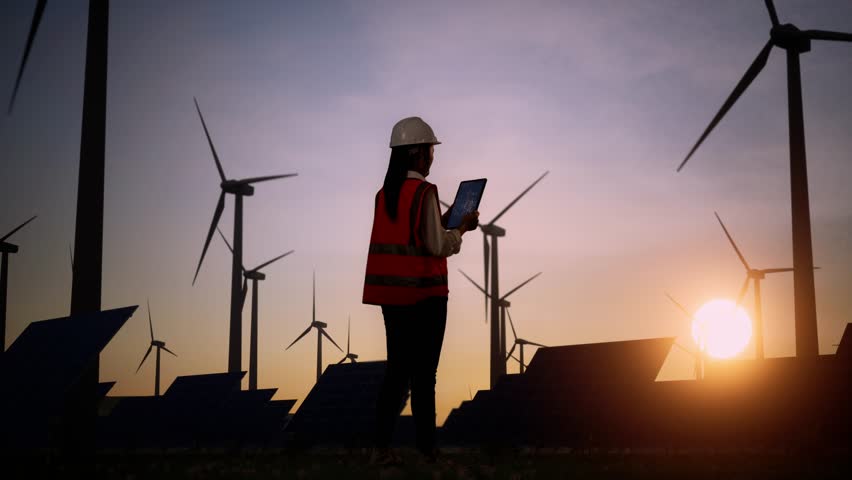 Full Body Back View Of Asian Female Engineer In A Helmet Standing In Front Of Wind Turbines Rotating At Sunset, Looking At The Wind Turbine Blueprint On The Tablet And Looking Around - Powered by Shutterstock - Get 15% off with code: PIKWIZARD15