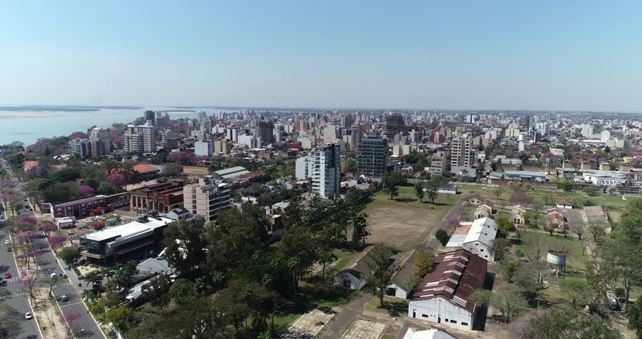Aerial view captured by a drone displaying the city center of Corrientes, the capital city of the province in Argentina.