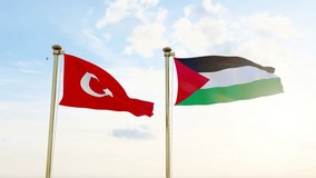 Palestine and Turkey flags waving together on blue sky, looped video. 4K ULTRA HD. 