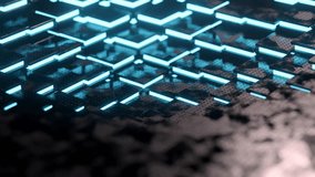 Sci-Fi video of abstract metal cubes with neon blue light loop able motion of a wave. Blockchain, big data, AI technologies. 3D Illustration - Powered by Shutterstock - Get 15% off with code: PIKWIZARD15
