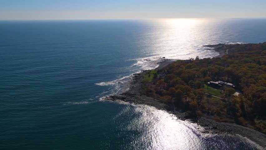 York River and York Harbor Beach aerial view at Stage Neck at the river mouth to York Harbor in town of York, Maine ME, USA. 
