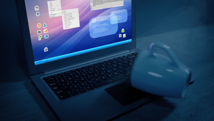 Coffee Cup Knocked Over Onto Laptop In Dark Room | Shutterstock HD Video #1110989013