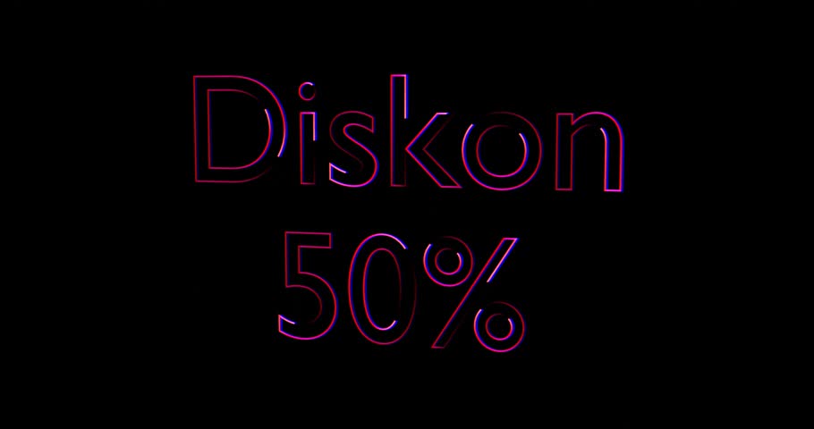 Animation of diskon 50% text neon colourful shapes. Social media and digital interface concept digitally generated video.