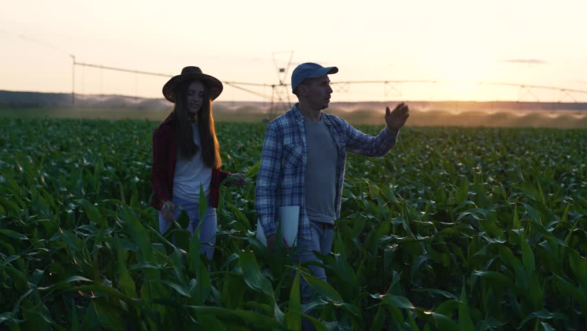 Agriculture.farmer agronomist walk through corn field.Automatic watering system for corn field.Irrigation system at sunset watering green plants.Teamwork in agriculture.Farmer agronomist work in field Royalty-Free Stock Footage #1110994819
