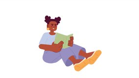 African american girl reading book 2D character animation. Black young woman with textbook flat cartoon 4K video, transparent alpha channel. Bookworm female reader animated person on white background