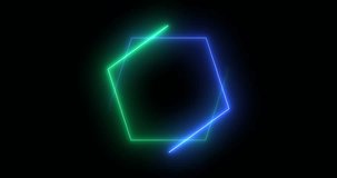 Fast-moving hexagon neon lights retro style futuristic technology motion graphic in 4K. Hexagon lights moving animation in 4096x2160. Bright colored moving neon light on black background in UHD.