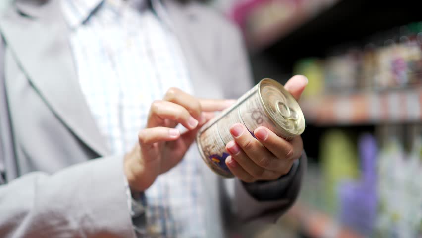Hands woman close up examines the composition of the product goods Female Customer shopper Reading Label on can of canned food In Supermarket Studies read information Considers makes choices in store Royalty-Free Stock Footage #1111015737
