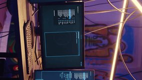 Vertical video Panning shot of high tech computer system running malicious code in empty basement. PC monitors in empty neon lit criminal hideout used by hackers to commit illegal activities