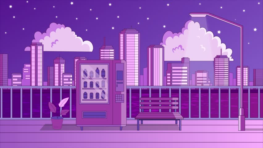 2D Lofi animation, purple skyscraper buildings river background. Street vending machine, night city loop video anime style. Royalty-Free Stock Footage #1111017123