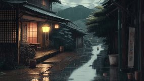 Rain falls on a warm wooden house in the middle of a vast forest. Anime rainy background video