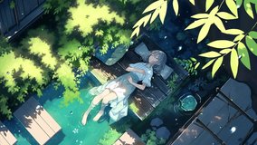 2D animation, anime girl takes a relaxing after a hard day. Anime heating background video