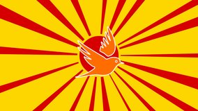 Bird symbol on the background of animation from moving rays of the sun. Large orange symbol increases slightly. Seamless looped 4k animation on yellow background