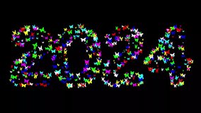 2024 with colorful butterflies on plain black background