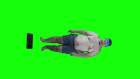Video of a happy young topless fat man checking his weight while standing on the scale and dancing isolated on green screen