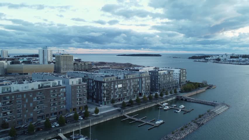 Stone breakwater protects marina in trendy Baltic waterfront, Helsinki