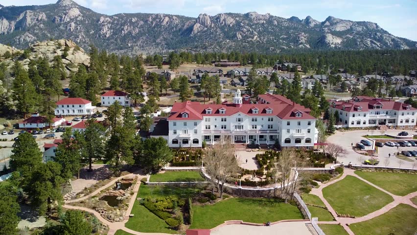 Aerial view of Stanley Hotel and mountain landscape, Estes Park, Colorado