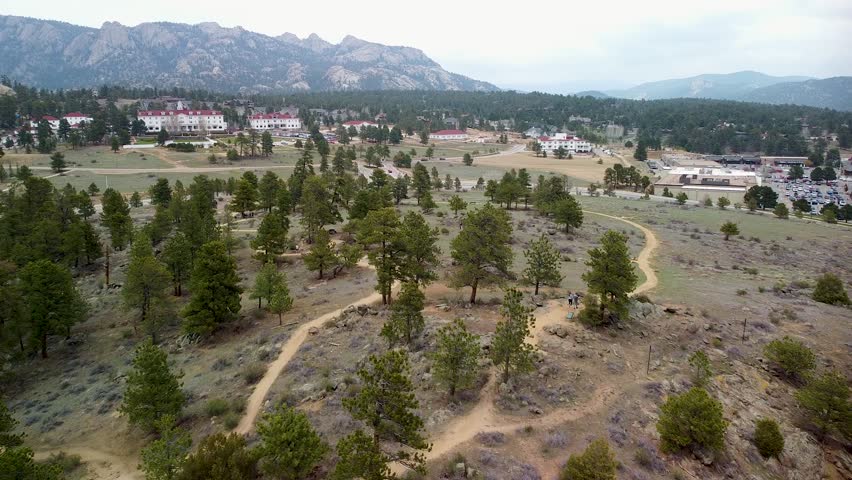 Aerial view of Knoll-Willows Open Space and Stanley Hotel, Estes Park, Colorado