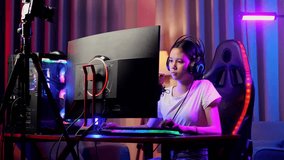Asian Girl Streamer Feeling Disappointed Fails Game Over On Personal Computer. Live Stream Video Game, Desk Illuminated By Rgb Led Strip Light