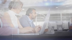 Animation of graphs, globes, soundwaves over diverse coworkers sharing ideas in office. Digital composite, multiple exposure, report, business, planning, teamwork and globalization concept. - Powered by Shutterstock - Get 15% off with code: PIKWIZARD15