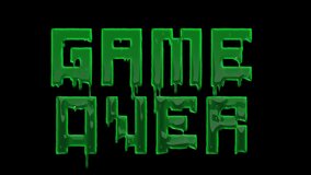 Phrase after finish, game over. Green letters with liquid drops down animation, transparent alpha png background