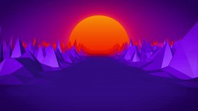 Abstract retro landscape in old style of 80s, 90s with road rocks mountains and sun, abstract background. Video 4k, motion design