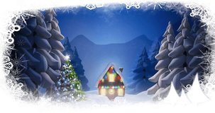 Animation of merry christmas text over winter scenery and house with fairy lights background. Chirstmas, celebration and tradition concept digitally generated video.