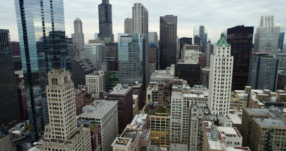 Aerial view over the Madison Street, in middle of high-rise in Loop, Chicago