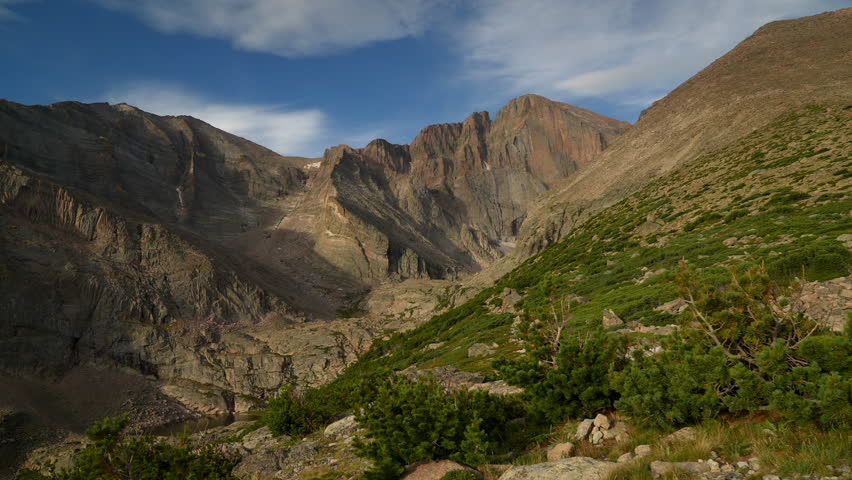 Cinematic first light Longs Peak 14er sunrise Rocky Mountain National Park above treeline Colorado Denver Boulder Estes Park sunny late summer green dramatic landscape pan slowly left